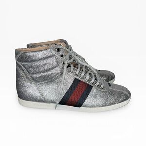 Gucci Silver Glitter Sneakers with Red and Blue Stripes Size 37